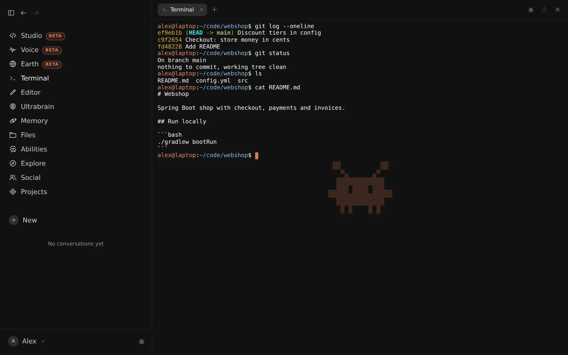 The Osiris window: the sidebar with Studio, Voice, Terminal, Editor, Ultrabrain and Memory, and the built-in terminal with git log in a project
