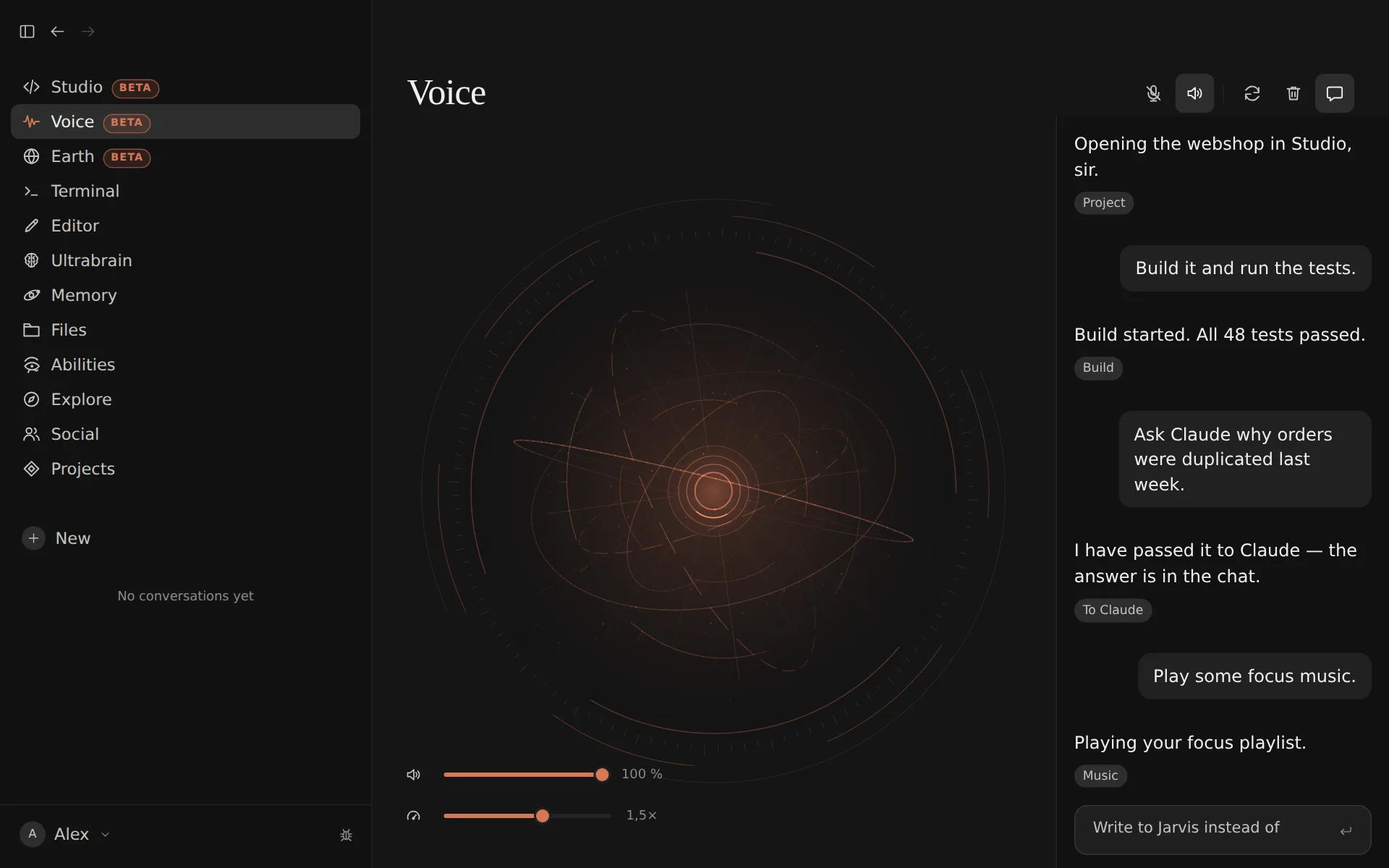 Voice in Osiris: the holographic orb in the middle, the conversation with Jarvis on the right