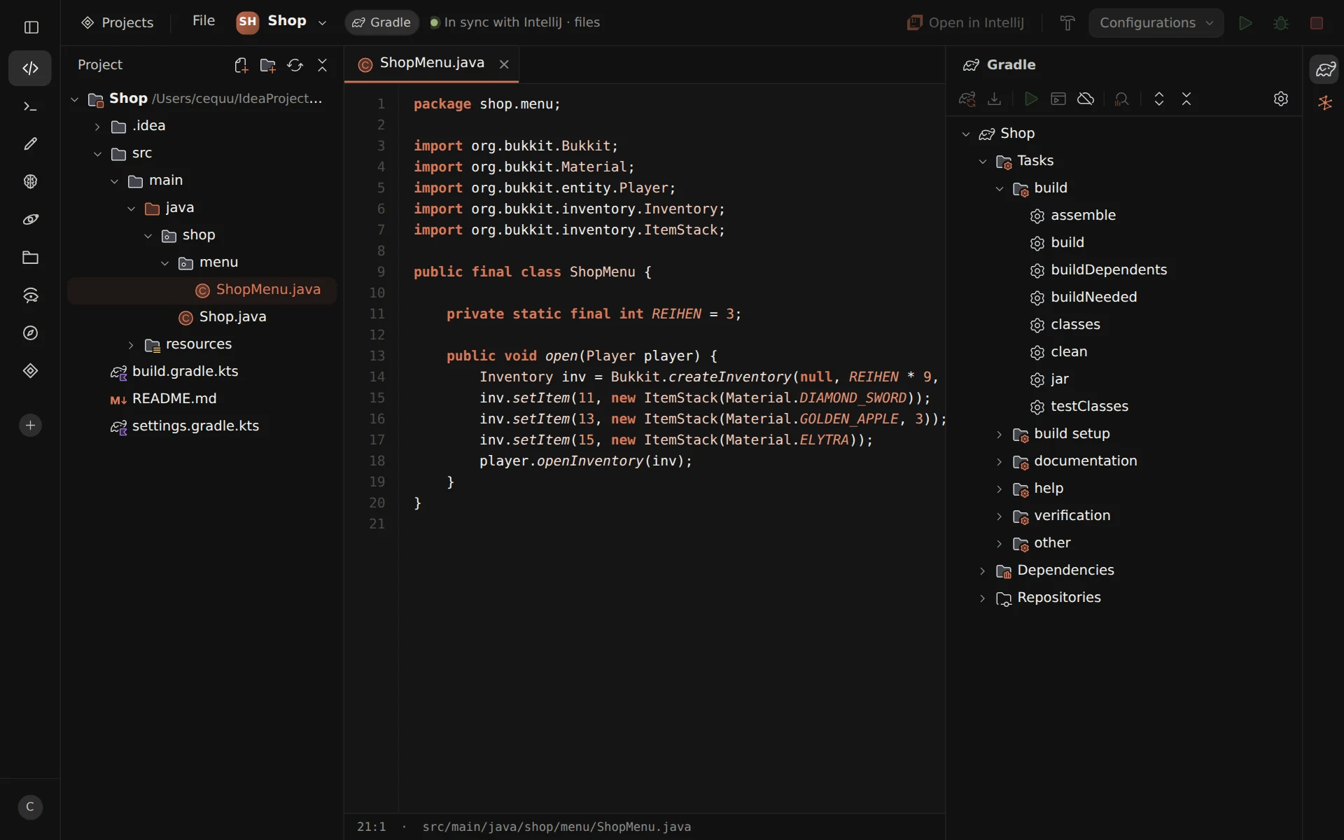 Studio in IntelliJ style: project tree on the left, ShopMenu.java open, Gradle tasks on the right