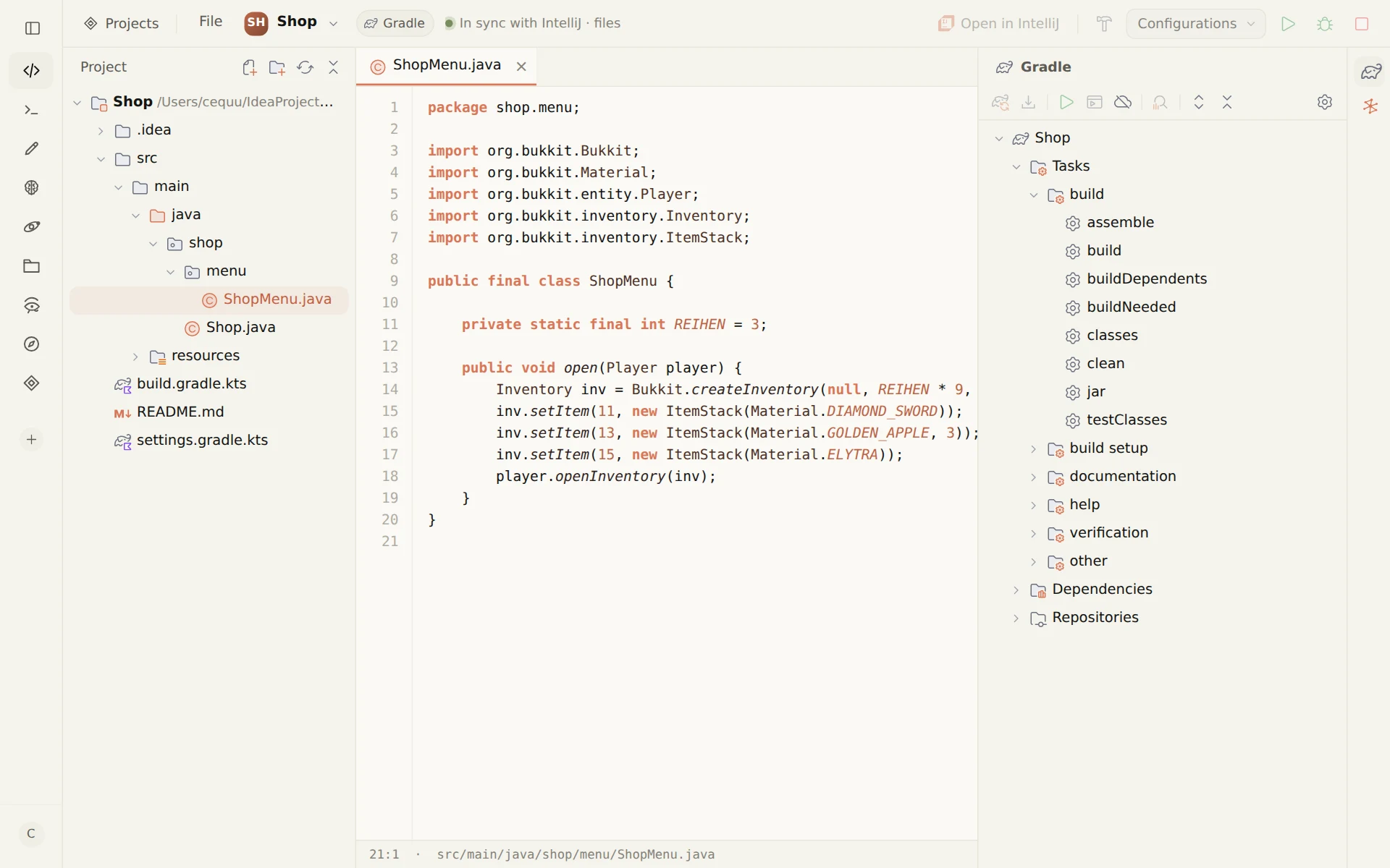 Studio in IntelliJ style: project tree on the left, ShopMenu.java open, Gradle tasks on the right