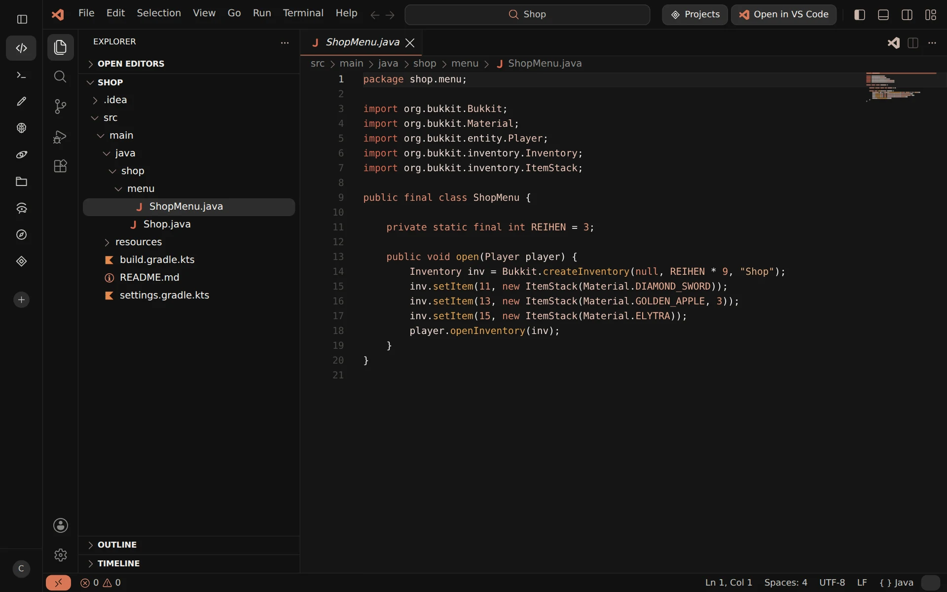 Studio in VS Code style: Explorer on the left, ShopMenu.java open with breadcrumbs