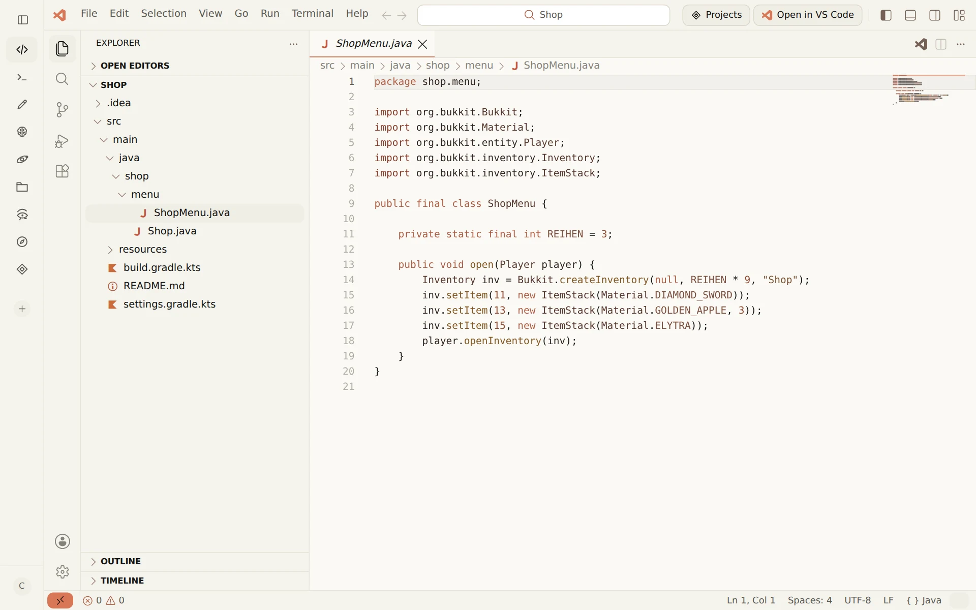 Studio in VS Code style: Explorer on the left, ShopMenu.java open with breadcrumbs